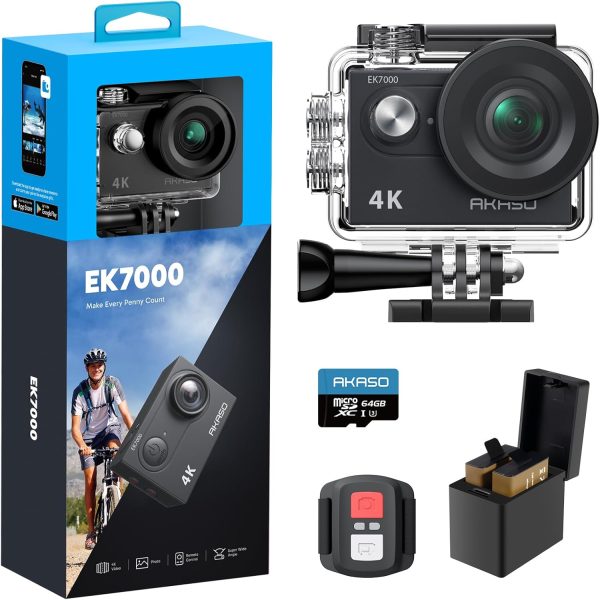 AKASO EK7000 4K30fps Action Camera with 64GB MicroSDXC U3 Memory Card Accessories Kit Bundle Ultra HD 131FT Waterproof Camera EIS WiFi Remote Control 4X Zoom Underwater Camera (With 64GB MicroSD Card)