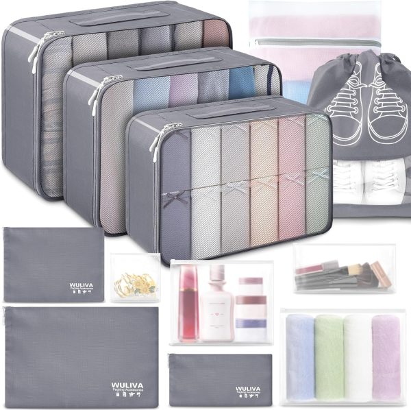 ALL INCLUDED - 12 Set Packing Cubes for Suitcases Carry On, Travel Essentials/Accessories Luggage Organizer Bags Set, Includes Cubes, Shoes Bag, Matte Cosmetic Bag, Laundry Bag (Gray)
