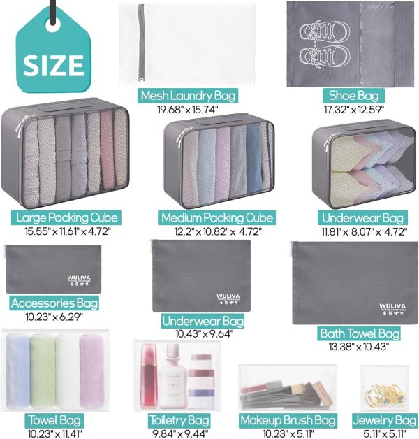 ALL INCLUDED - 12 Set Packing Cubes for Suitcases Carry On, Travel Essentials/Accessories Luggage Organizer Bags Set, Includes Cubes, Shoes Bag, Matte Cosmetic Bag, Laundry Bag (Gray) - Image 7