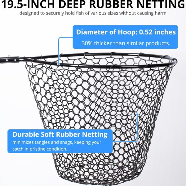 High Strength Large Landing Net - Telescoping Fishing Net with 2 Section Long Handle and Soft Rubber Net, Kayak/Fly Fishing Net - Overall Length: 59″, Hoop Size 23″ x 18″, Depth 19.5″ - Image 3