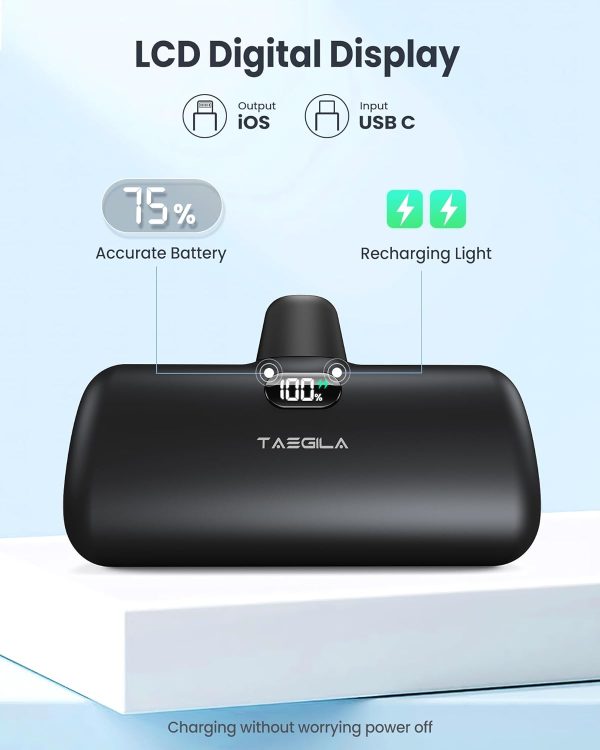 Taegila Portable Phone Charger for iPhone, 5000mAh Small Power Bank MFi Certified Built in Cable LCD Display & LED Light for All iPhone Series 14/13/12/11/XR/X/SE/8/7/6 Pro Max - Image 4