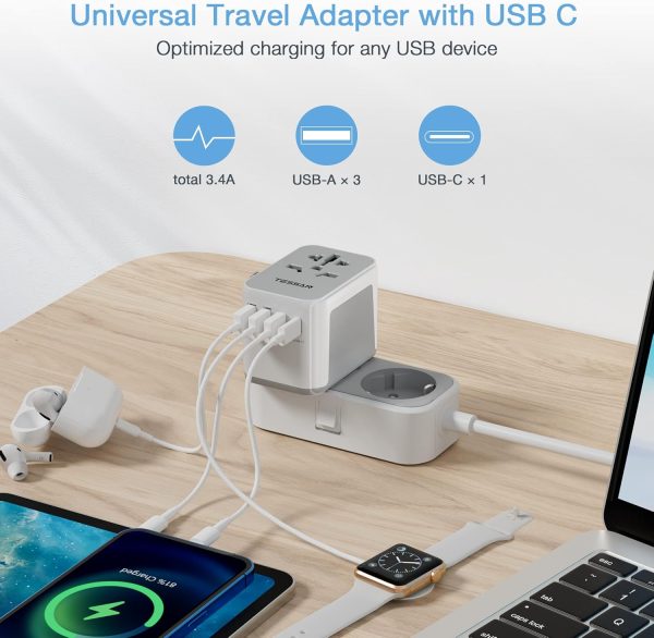 TESSAN Universal Travel Adapter, International Power Adapter with 4 USB Ports (1 USB C), Worldwide Plug Adaptor Wall Charger for USA to Europe UK France Germany Spain Ireland Australia(Type C/G/A/I) - Image 3