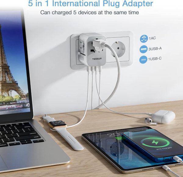 TESSAN Universal Travel Adapter, International Power Adapter with 4 USB Ports (1 USB C), Worldwide Plug Adaptor Wall Charger for USA to Europe UK France Germany Spain Ireland Australia(Type C/G/A/I) - Image 4