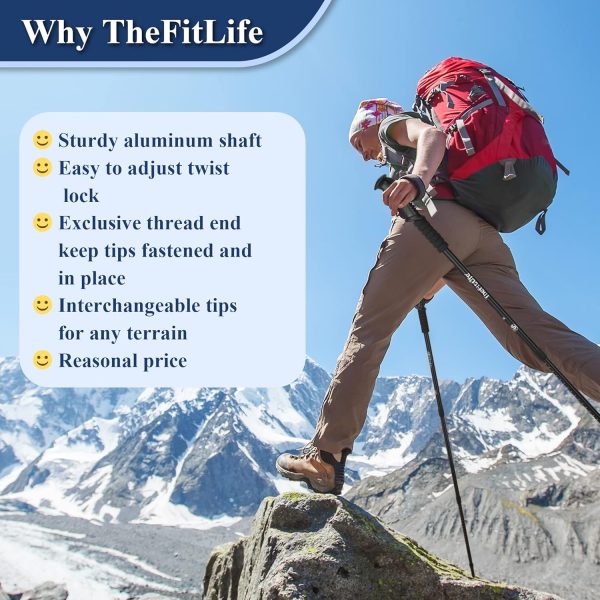 TheFitLife Nordic Walking Trekking Poles - 2 Sticks with Anti-Shock and Quick Lock System, Telescopic, Collapsible, Ultralight for Hiking, Camping, Mountaining, Backpacking, Walking, Trekking - Image 3