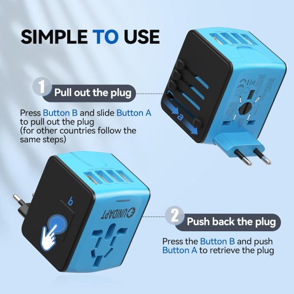 Unidapt Universal Travel Adapter, International Plug Adapter Fast 2,4A 4-USB European Power Plug, AC Wall Charger – Worldwide Outlet for Europe US USA UK EU AUS, Blue - Image 2