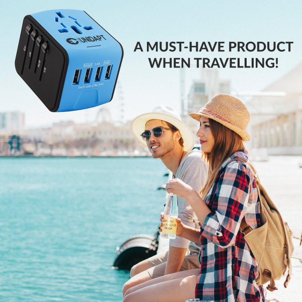 Unidapt Universal Travel Adapter, International Plug Adapter Fast 2,4A 4-USB European Power Plug, AC Wall Charger – Worldwide Outlet for Europe US USA UK EU AUS, Blue - Image 8